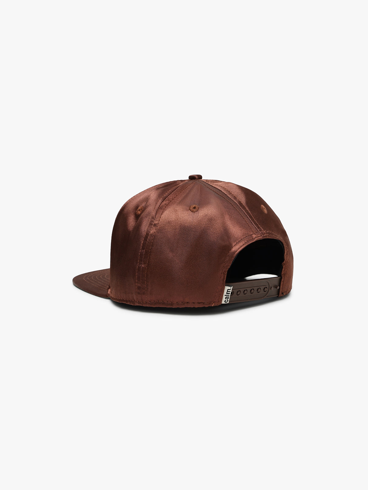 Brown satin baseball cap seen from the back with snapback closure