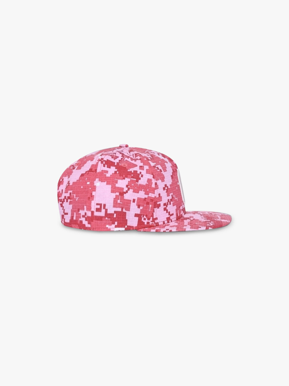 Pink digital camo 5 panel baseball cap seen from the side