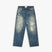 Baggy distress repair jeans in 15oz selvedge denim with hand distressing and visible repair work