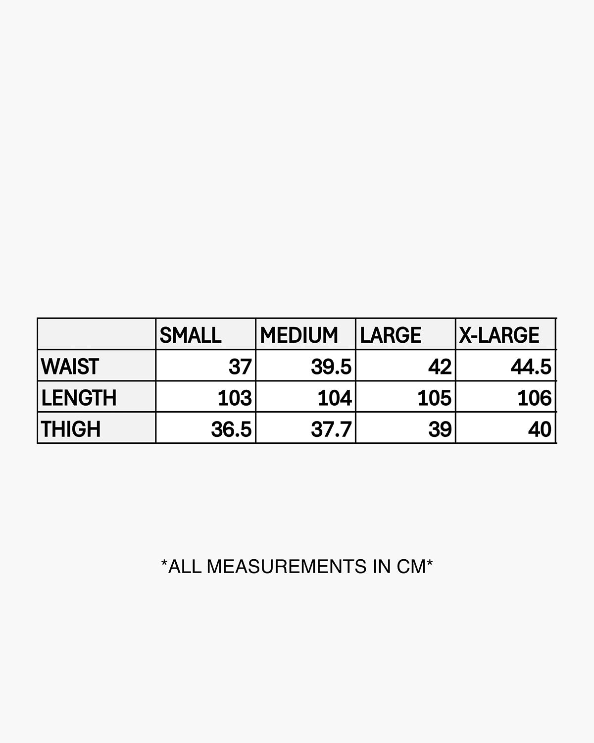 Size chart for Gym Sweatpants Grey
