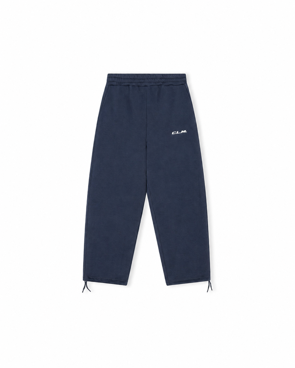 Navy sweatpants in heavyweight cotton-poly jersey with elastic drawstring waistband and open hem