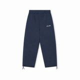 Navy sweatpants in heavyweight cotton-poly jersey with elastic drawstring waistband and open hem